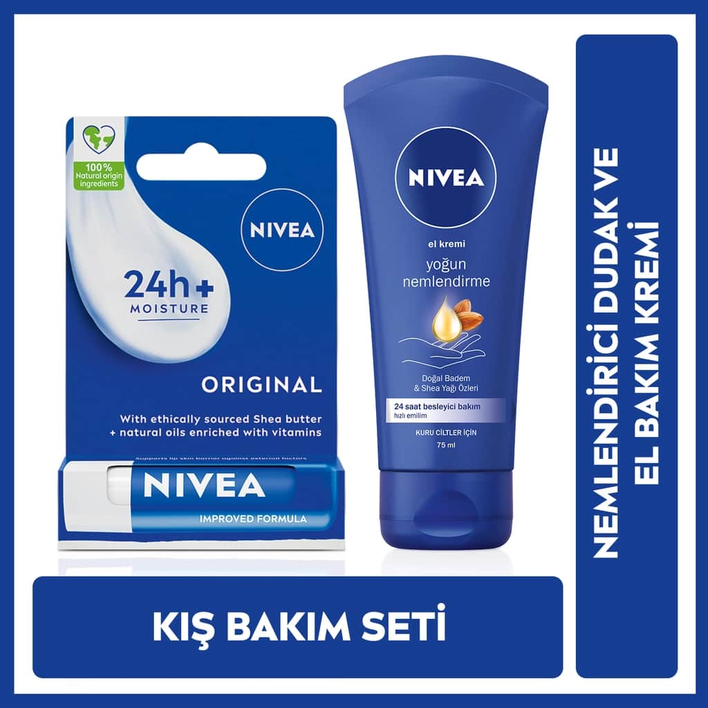 NIVEA مجموعة نيفيا للعناية بالشفاه الأصلية 4.8 جرام وكريم العناية باليدين المرطب المكثف 4.8 جرام + 75 مل