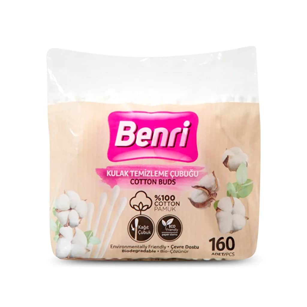 Benri أعواد أذن قطنية قابلة للتحلل الحيوي من بينري ١٦٠ قطعة في كيس