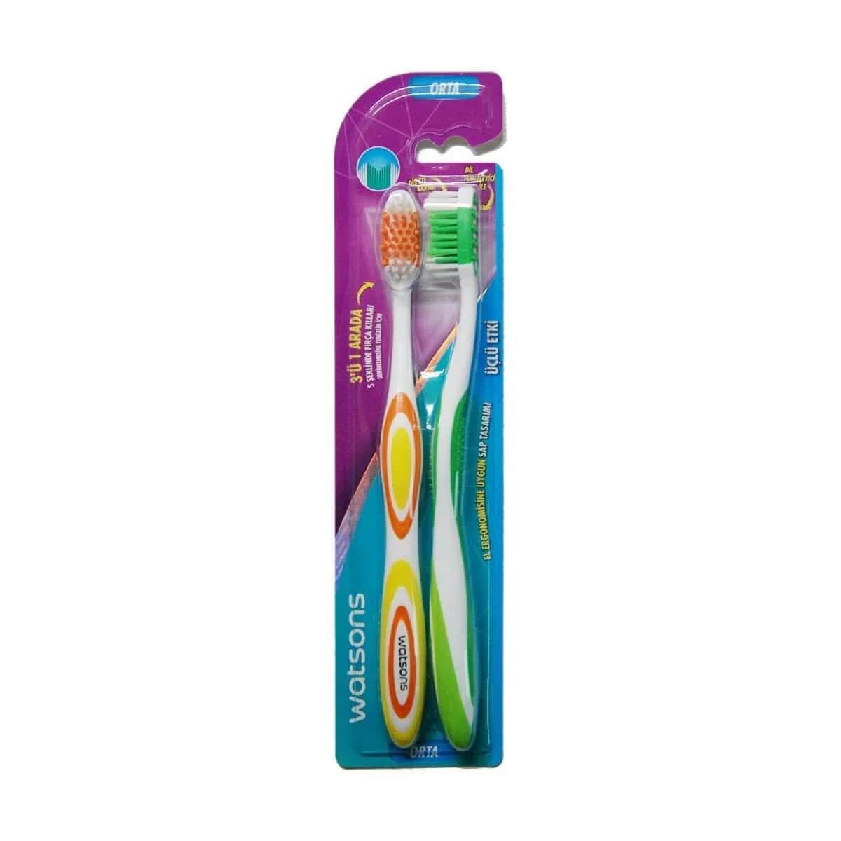Watsons 3 in1 action Toothbrush Medium 2 pcs