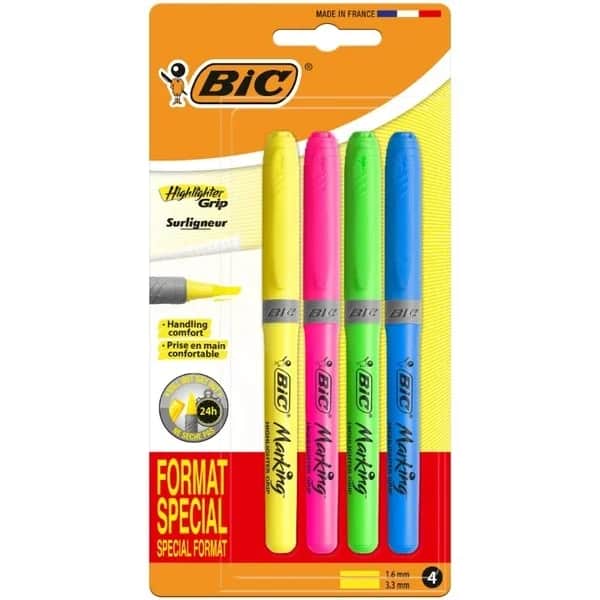Bic مجموعة أقلام تحديد العيون برايت لاينر جريب من بيك، 4 قطع ألوان زاهية وراحة فائقة