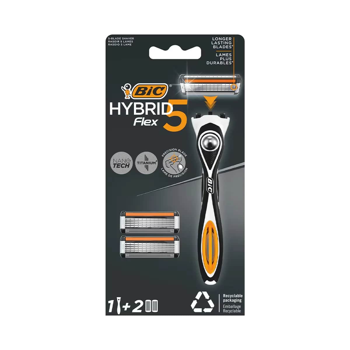 Bic ماكينة حلاقة بيك فليكس 5 الهجينة ذات 5 شفرات ومقبض واحد وخرطوشتين