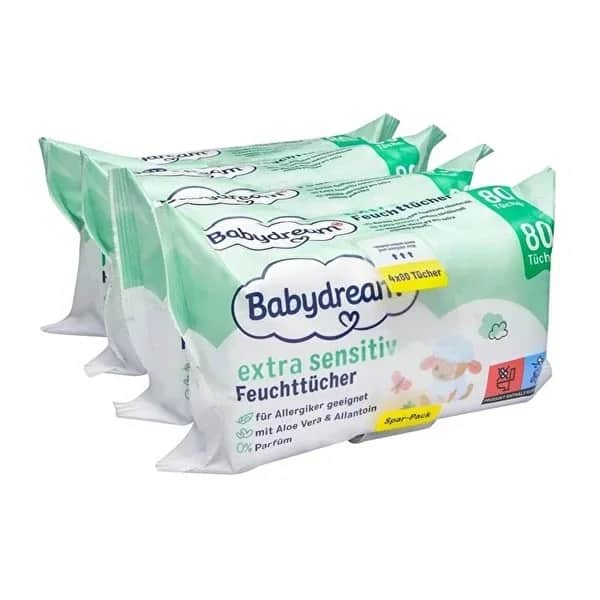 Babydream مناديل مبللة للأطفال من بيبي دريم للبشرة الحساسة جدًا، بخلاصة الصبار، 4 × 80 قطعة