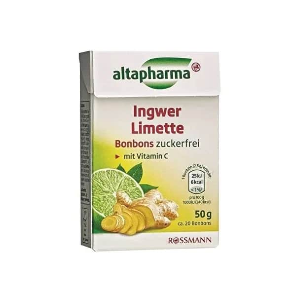 Altapharma حلوى ألتا فارما الخالية من السكر بنكهة الزنجبيل والليمون ٥٠ غرام بنكهة الفواكه