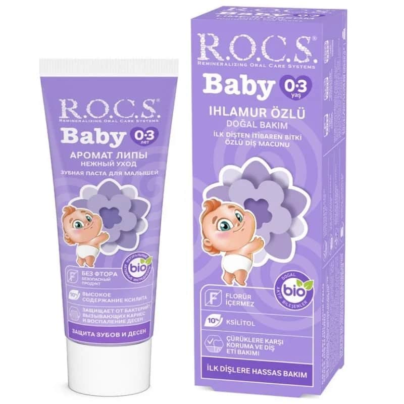 Rocs معجون أسنان روكس بيبي بخلاصة الزيزفون للأطفال من عمر 0 إلى 3 سنوات، قابل للبلع، 35 مل.