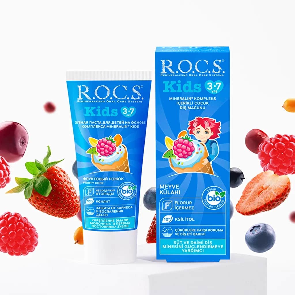 Rocs معجون أسنان روكس كيدز بنكهة الفواكه للأطفال من عمر 3 إلى 7 سنوات (مخروط الفاكهة) 35 مل.