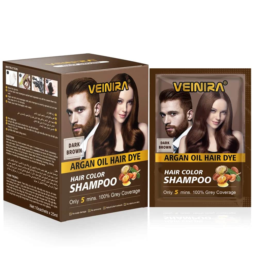 VEINIRA شامبو صبغة الشعر بني غامق طبيعي بدون أمونيا بزيت الأرجان والصبار 3 في 1 من فينيرا ( 25X10 مل )