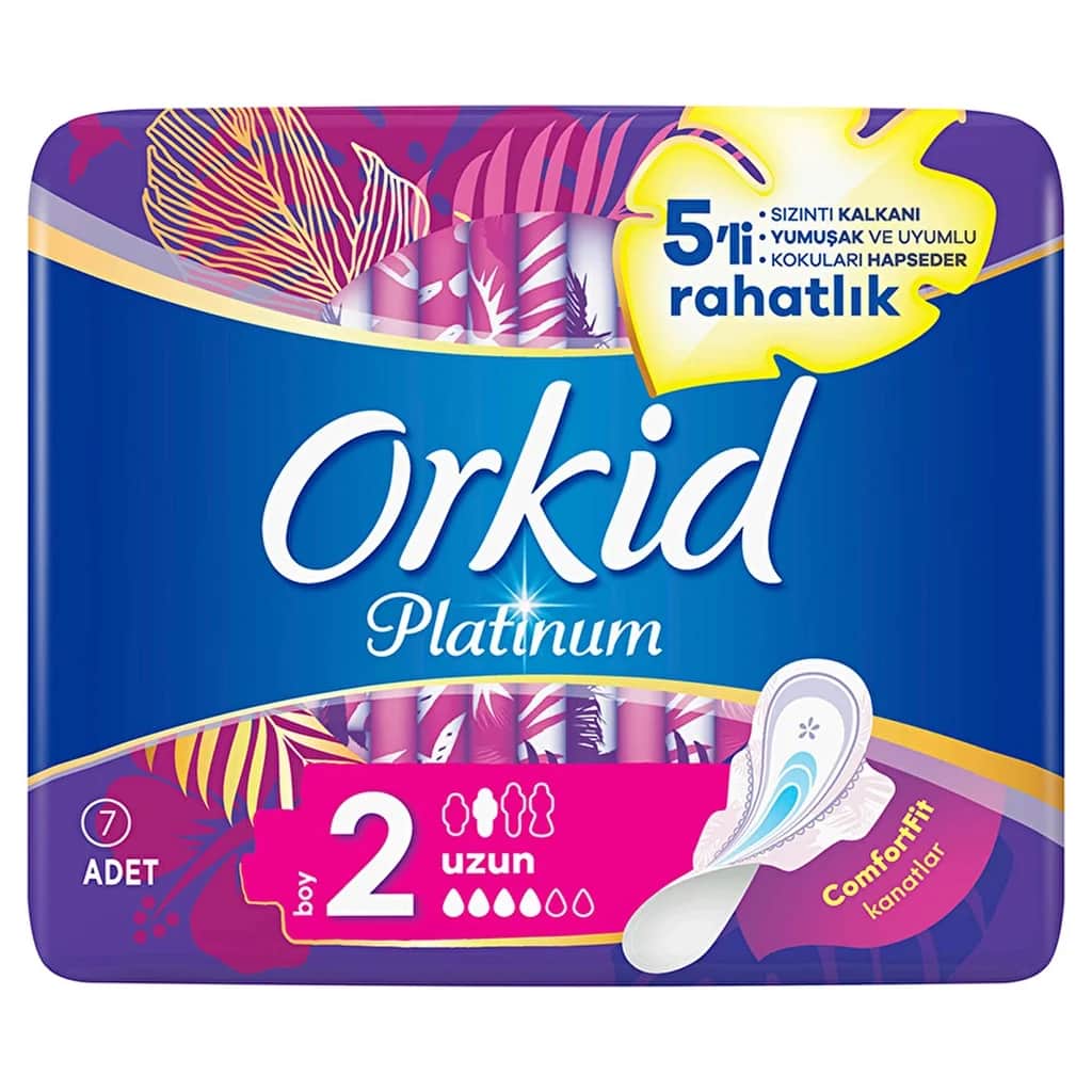 Orkid فوط أوركيد بلاتينيوم مجنحة طويلة (مقاس 2) 7 قطع