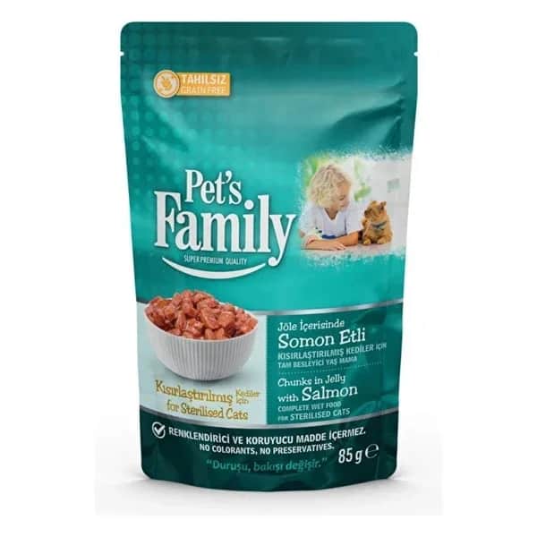 Pet's Family كيس طعام القطط المخصية من بيت فاميلي، جيلي السلمون، 85 جرام