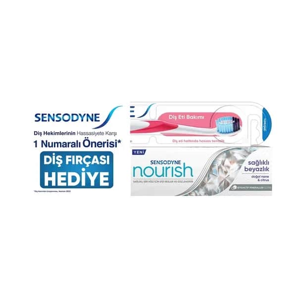 Sensodyne مجموعة فرشاة أسنان سنسوداين نوريش بياض صحي ٥٠ مل + مجموعة فرشاة أسنان سنسوداين للعناية باللثة الناعمة