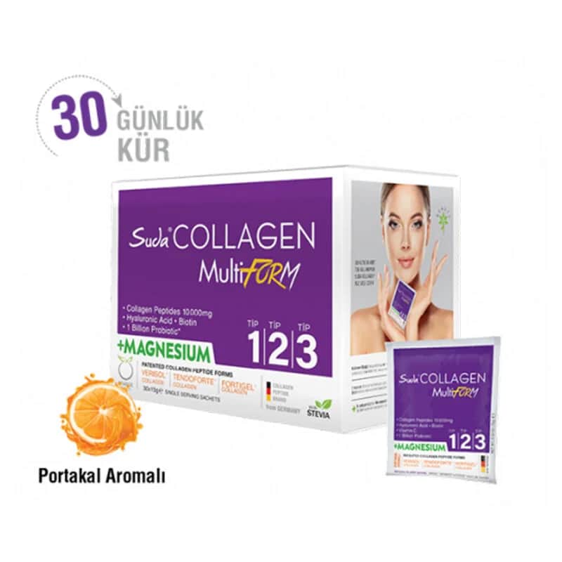 كولاجين سودا متعدد الأشكال + مغنيسيوم في الماء 30 × 15 غرام بنكهة البرتقال Suda Collagen