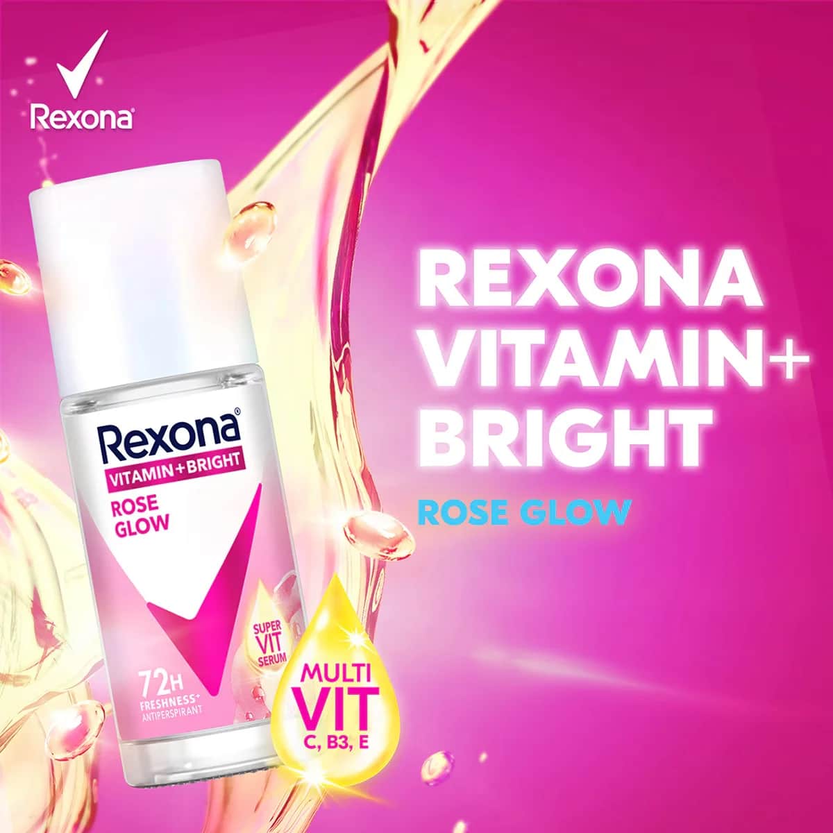 Rexona مزيل عرق ريكسونا فيتامين + برايت للنساء، رول أون، روز جلو، 45 مل