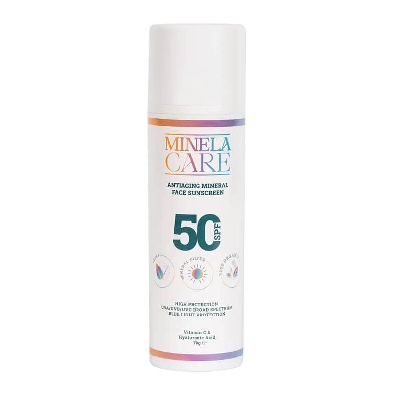 Minela Care كريم مينيلا كير العضوي المعدني المضاد للشيخوخة للوجه بعامل حماية من الشمس 50+، 70 غرام