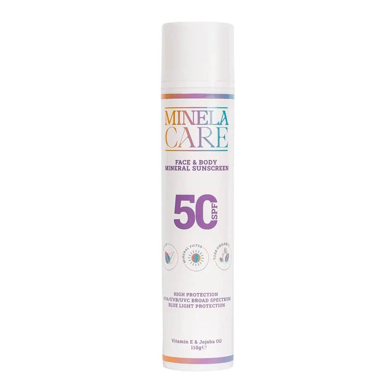 Minela Care كريم مينيلا كير العضوي المعدني بعامل حماية من الشمس 50+ للوجه والجسم 110 جرام