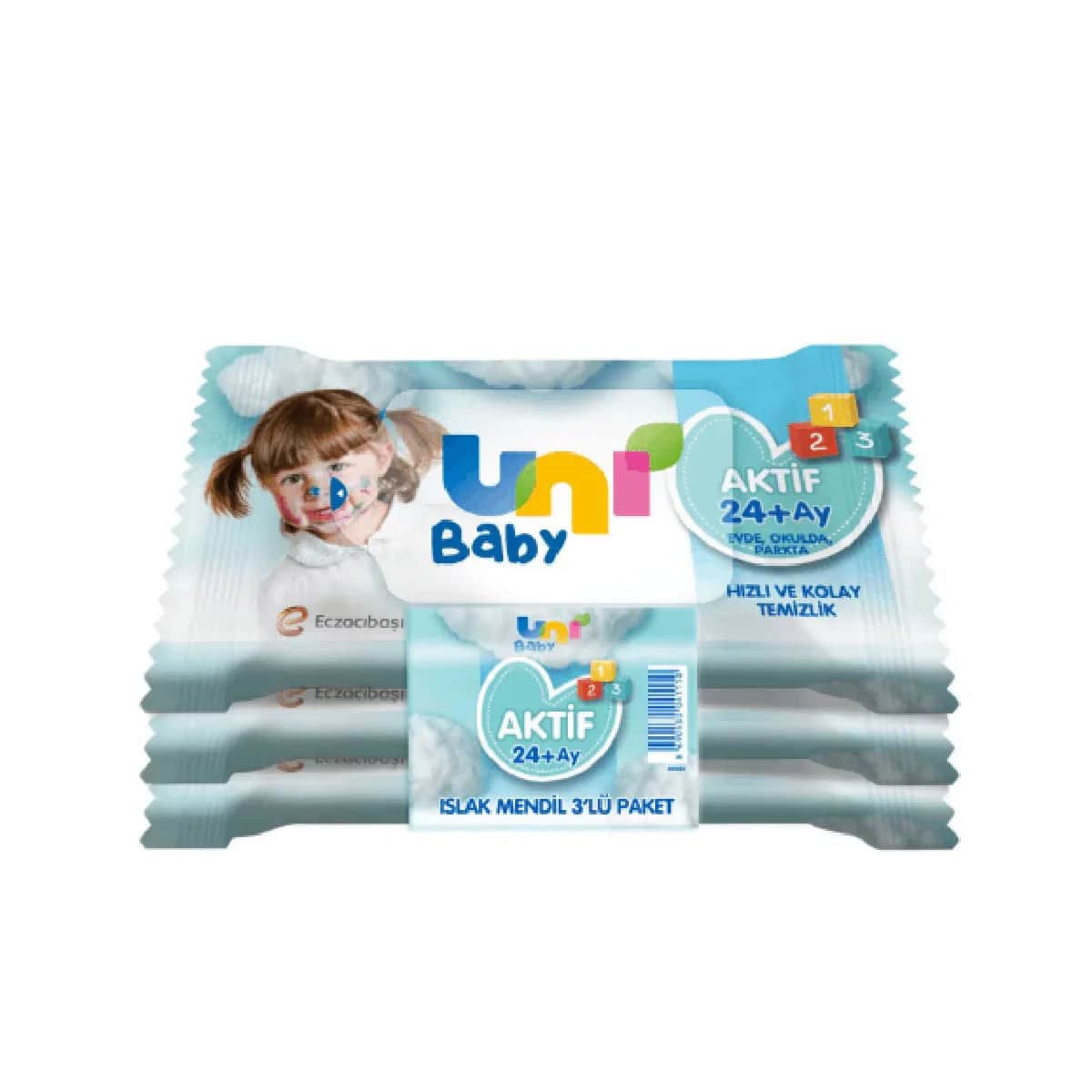 Uni Baby مناديل مبللة يوني بيبي أكتيف، عبوة من 3 قطع × 15 قطعة للأطفال من عمر 24 شهرًا فما فوق