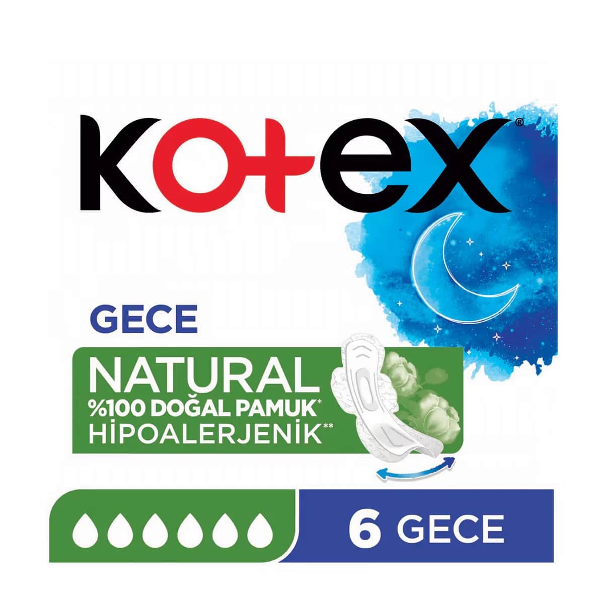 Kotex فوط كوتكس الصحية الطبيعية الليلية، 6 قطع