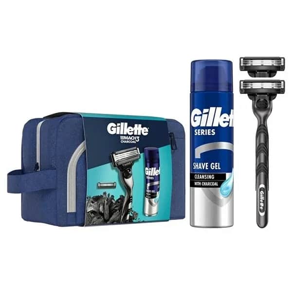 Gillette مجموعة ماكينة حلاقة جيليت ماك 3 بالفحم مع جل وحقيبة 200 مل