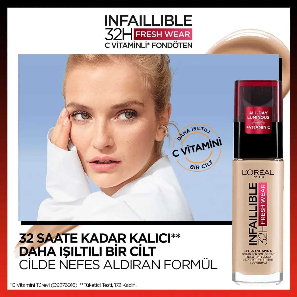 L'Oreal Paris كريم أساس إنفيليبل من لوريال باريس يدوم 32 ساعة، فريش وير بفيتامين سي، 125 روز طبيعي