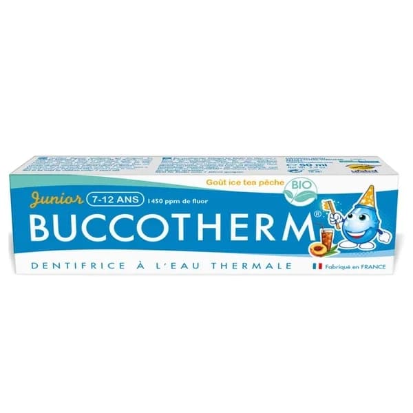 Bucco Therm معجون أسنان بوكوثيرم جونيور بنكهة شاي الخوخ المثلج للأطفال من عمر 7 إلى 12 سنة فما فوق، 50 مل