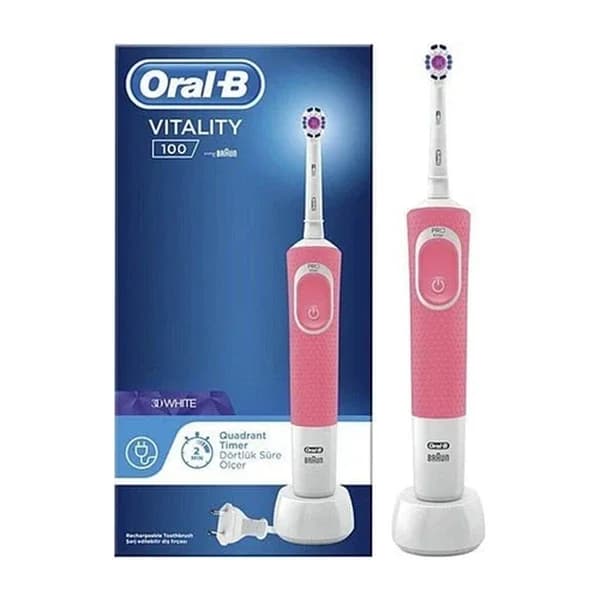 Oral-B فرشاة أسنان أورال-بي فيتاليتي 100 القابلة لإعادة الشحن باللون الوردي والأبيض ثلاثي الأبعاد