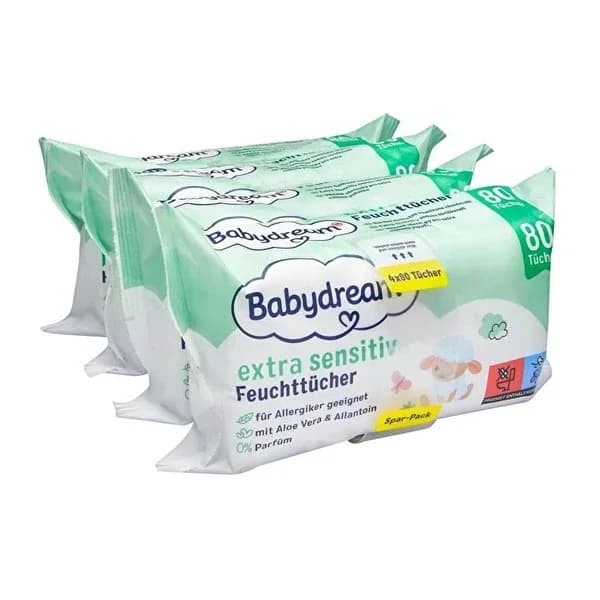 Babydream مناديل مبللة للأطفال من بيبي دريم للبشرة الحساسة جدًا، بخلاصة الصبار، 4 × 80 قطعة