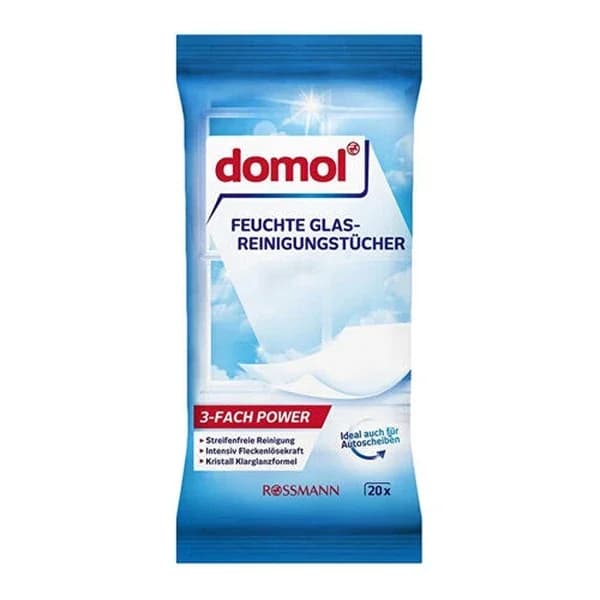 Domol قطعة قماش تنظيف مبللة من دومول للزجاج والأسطح اللامعة، 20 قطعة