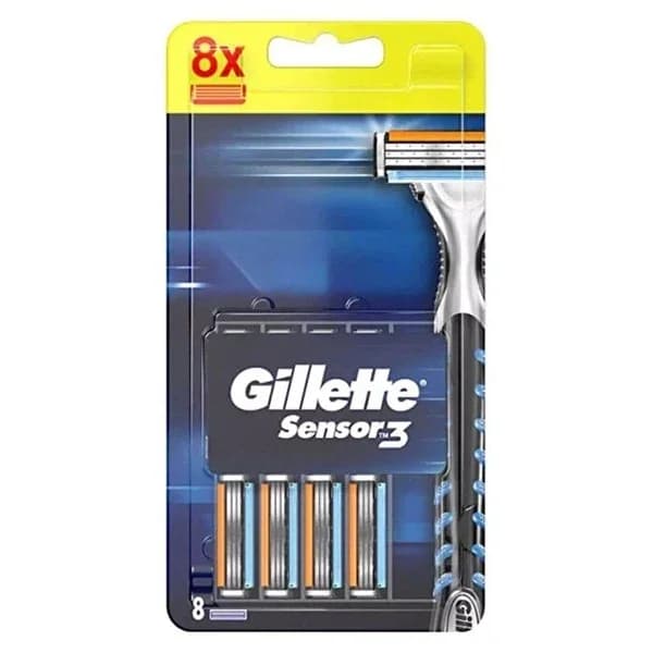 Gillette شفرات حلاقة جيليت سينسور 3، عبوة من 8 قطع حلاقة ناعمة، شريط ترطيب