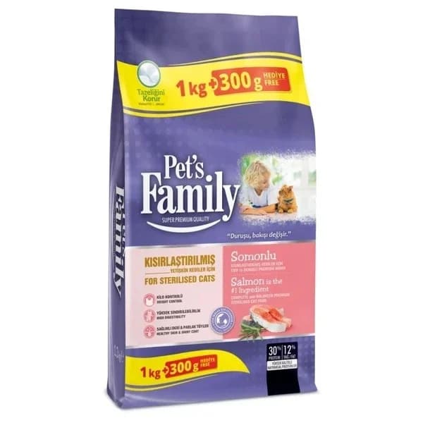 Pet's Family طعام القطط البالغة المعقم بنكهة السلمون من بيتس فاميلي، 1000 + 300 غرام