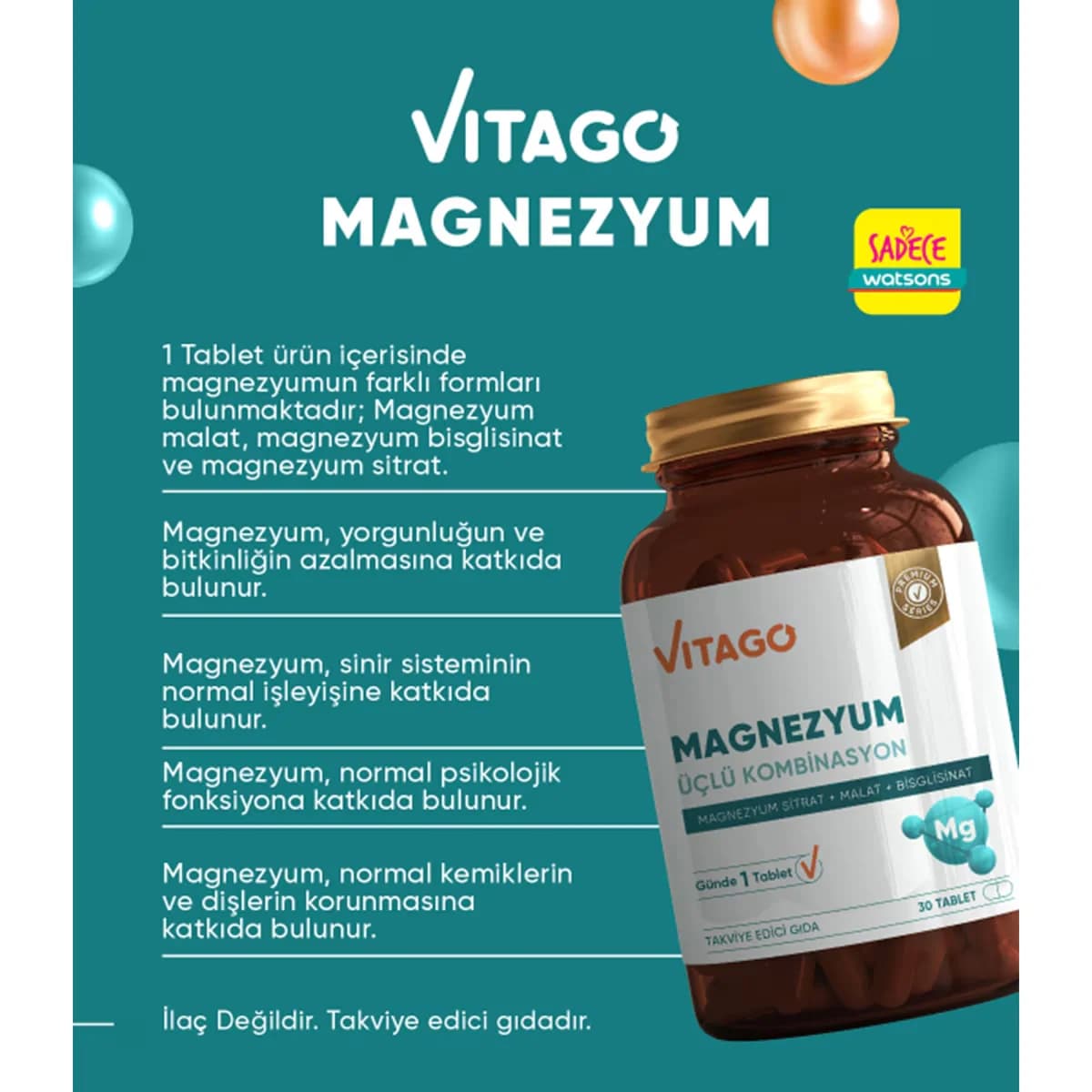 Vitago أقراص فيتاجو ماغنيسيوم ثلاثية التأثير، 30 قرصًا