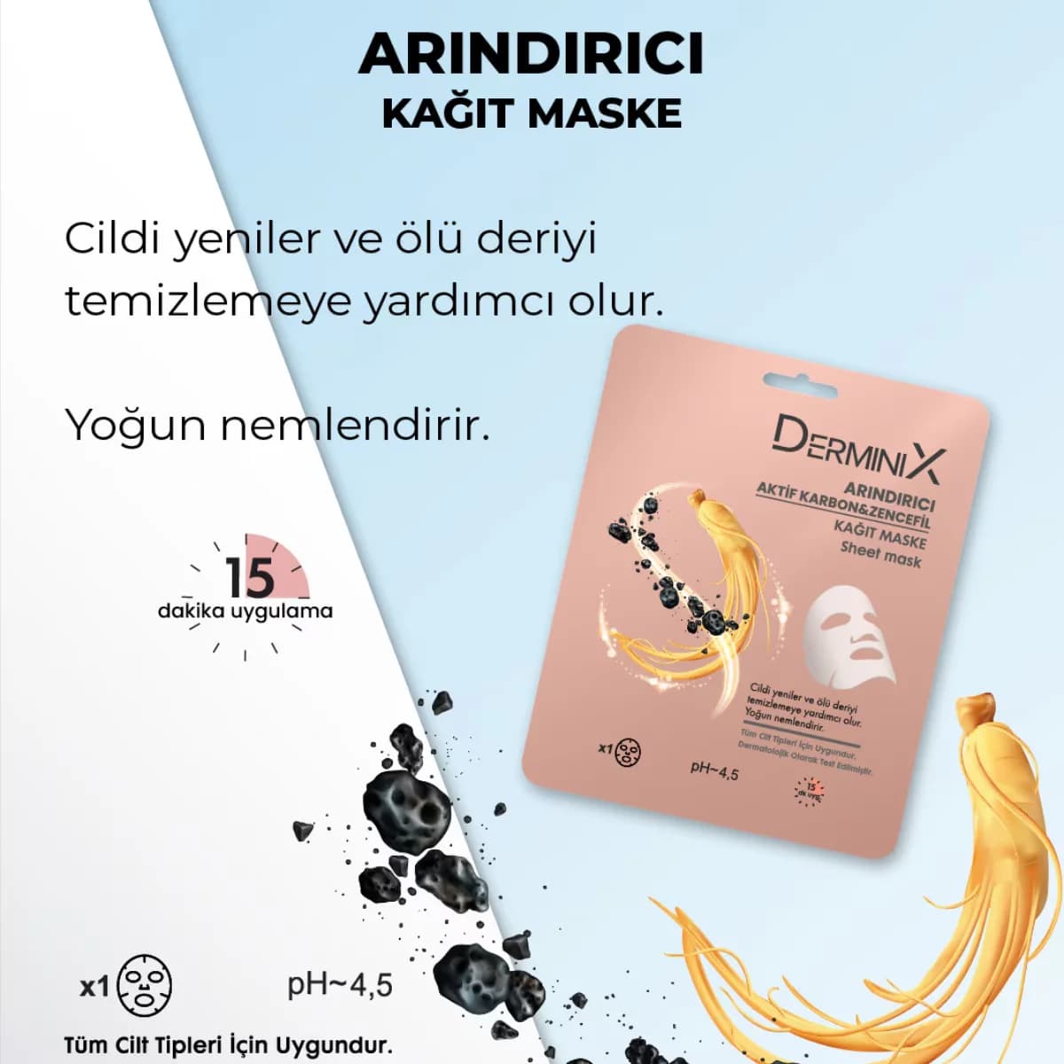 Derminix قناع ورقي منقي من ديرمينيكس بالكربون النشط والزنجبيل، قطعة واحدة