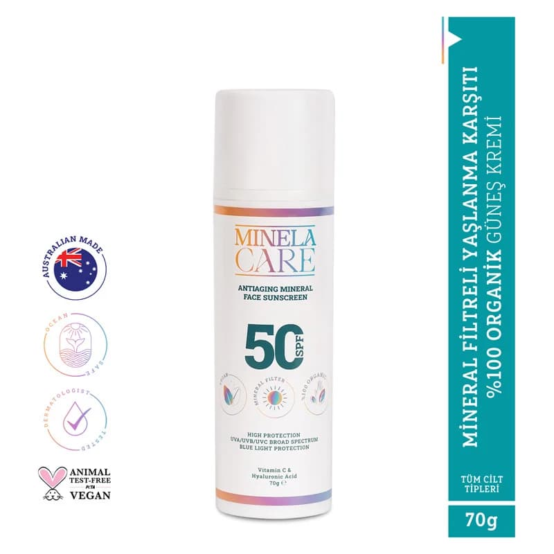 Minela Care كريم مينيلا كير العضوي المعدني المضاد للشيخوخة للوجه بعامل حماية من الشمس 50+، 70 غرام