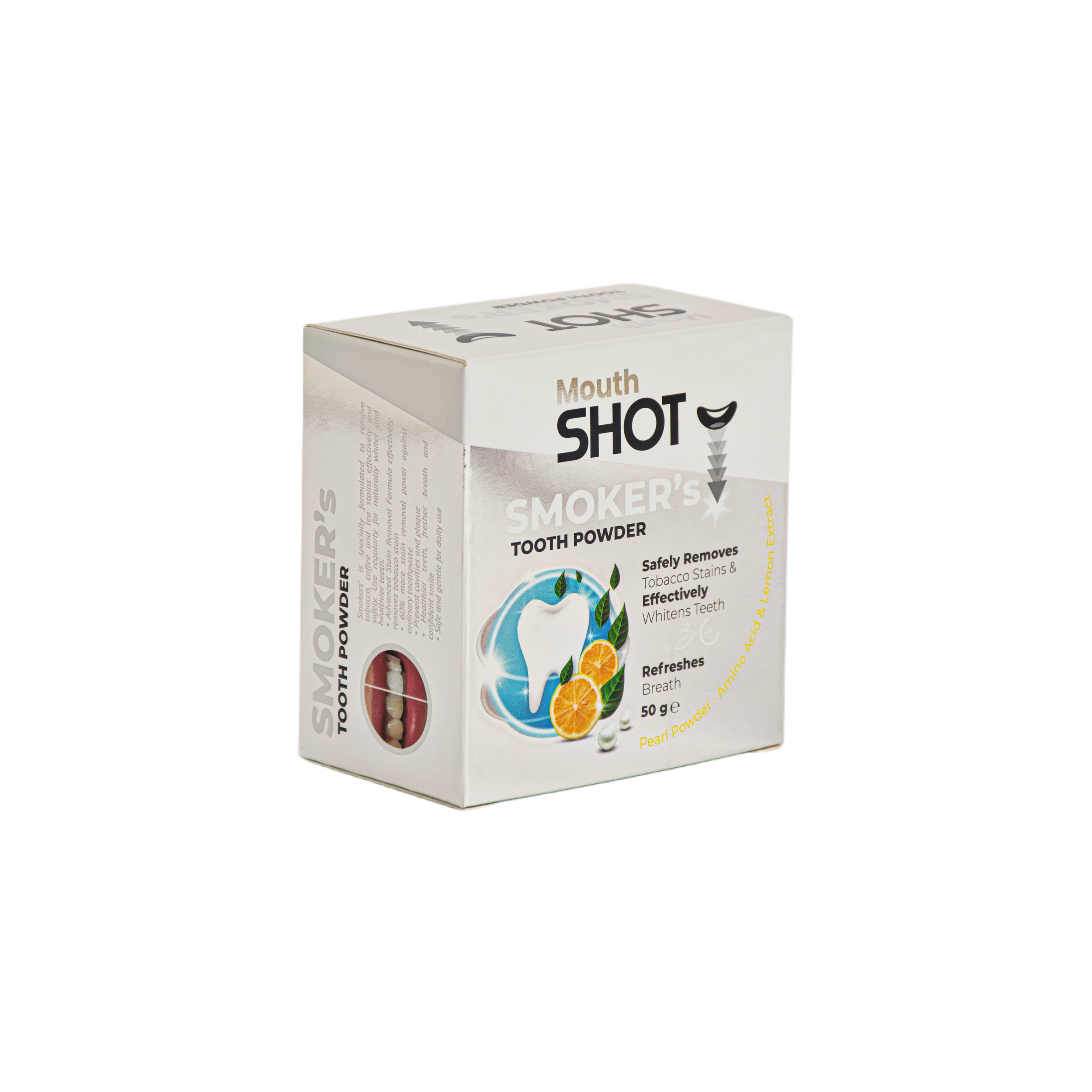 Mouth SHOT بودرة تبييض الأسنان للمدخنين ماوث شوت – بخلاصة الليمون واللؤلؤ من شوت 50 جرام