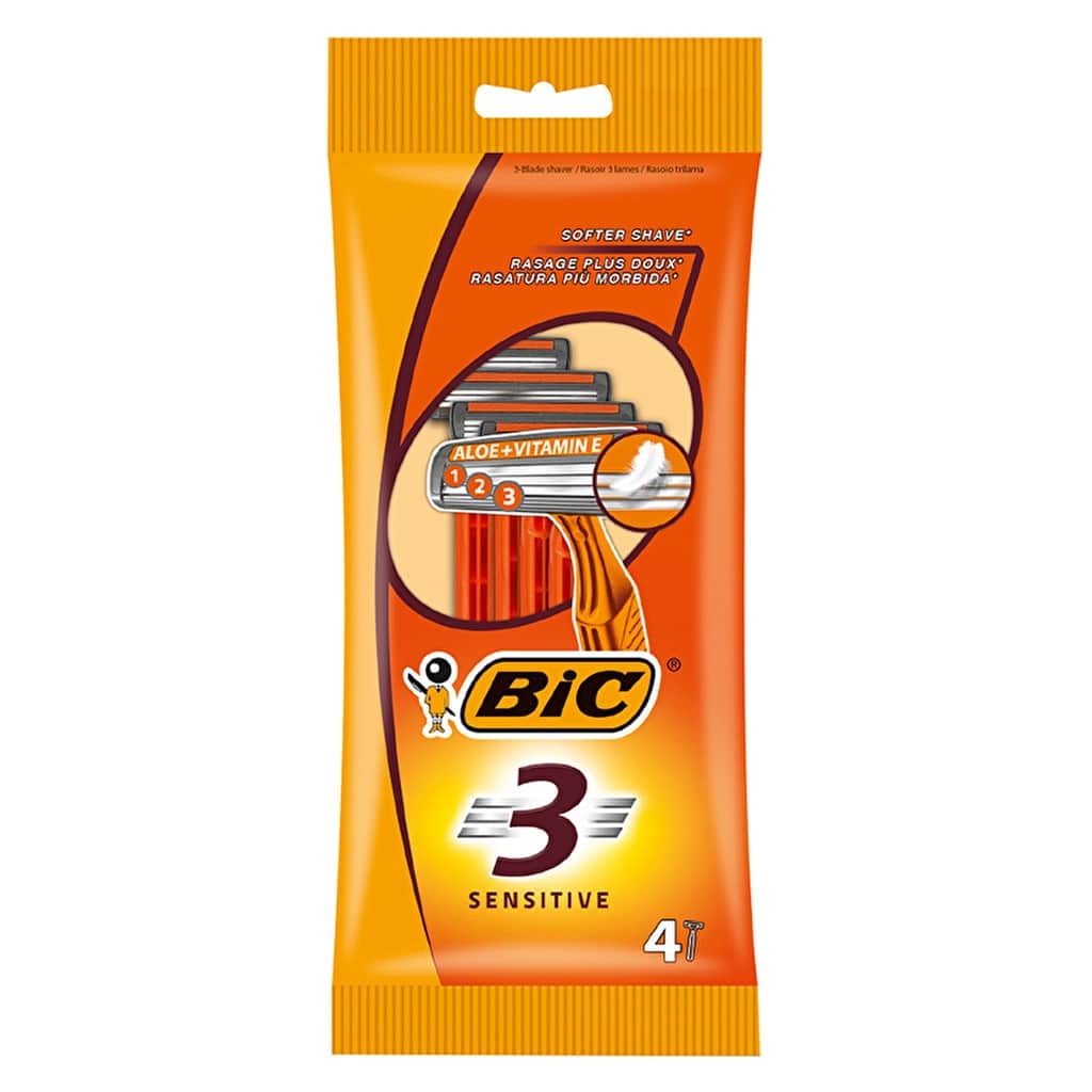 Bic مجموعة شفرات حلاقة بيك 3 للبشرة الحساسة، مكونة من 4 قطع خلاصة الصبار وفيتامين هـ، قبضة مريحة