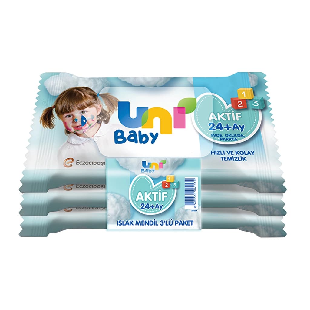 Uni Baby مناديل مبللة يوني بيبي أكتيف، عبوة من 3 قطع × 15 قطعة للأطفال من عمر 24 شهرًا فما فوق