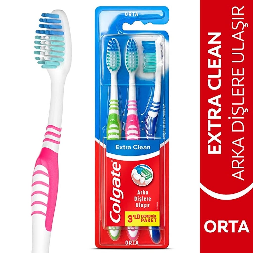 Colgate فرشاة أسنان كولجيت إكسترا كلين متوسطة الحجم ٢+١ مع منظف اللسان