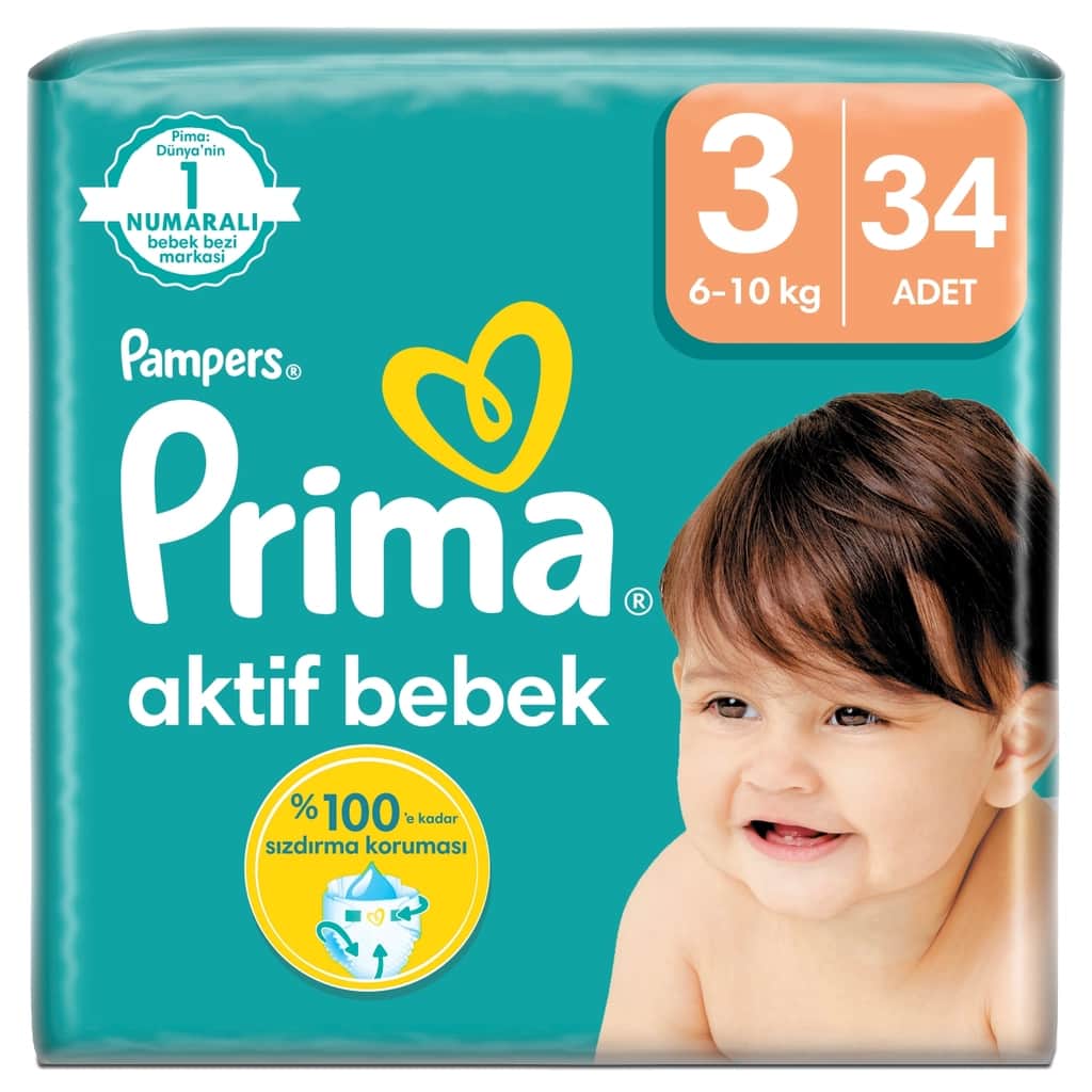 Prima حفاضات بامبرز أكتيف مقاس 3، عبوة من 34 قطعة راحة مانعة للتسرب