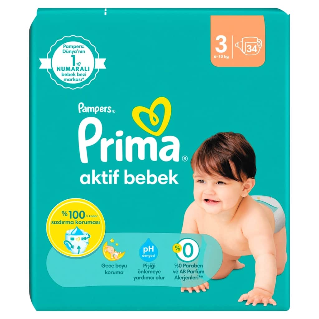 Prima حفاضات بامبرز أكتيف مقاس 3، عبوة من 34 قطعة راحة مانعة للتسرب