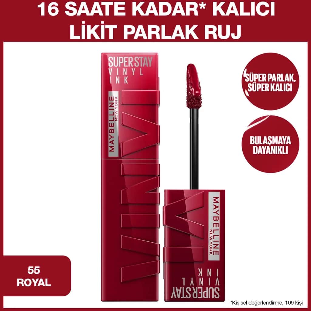 Maybelline أحمر شفاه سائل لامع سوبر ستاي فينيل إنك من مايبيلين نيويورك، يدوم طويلًا، رقم 55 رويال