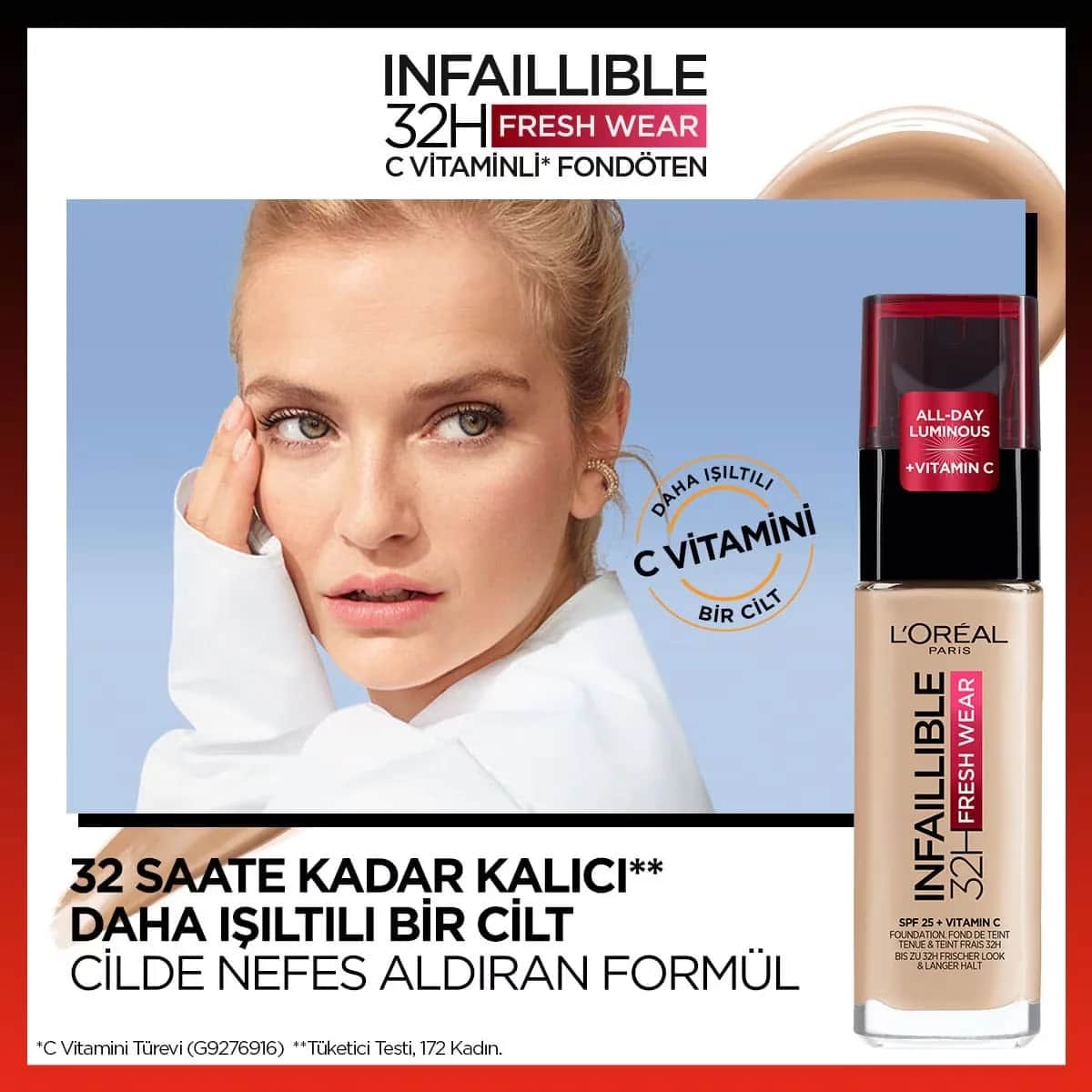 L'Oreal Paris كريم أساس إنفيليبل من لوريال باريس يدوم 32 ساعة، فريش وير بفيتامين سي، 125 روز طبيعي