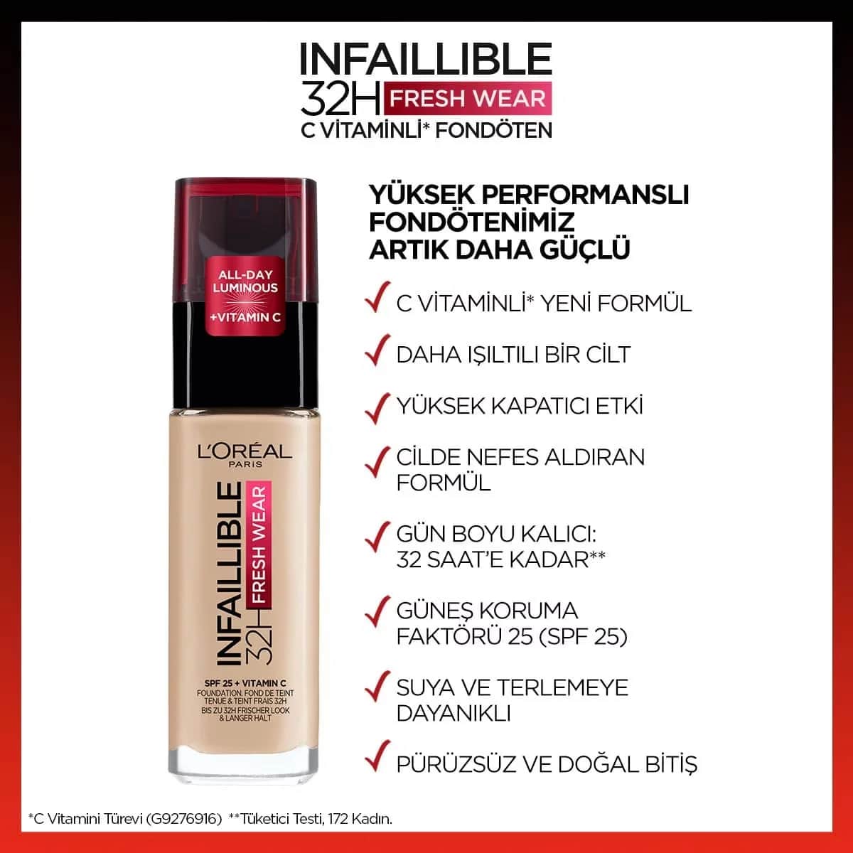 L'Oreal Paris كريم أساس إنفيليبل من لوريال باريس يدوم 32 ساعة، فريش وير بفيتامين سي، 125 روز طبيعي