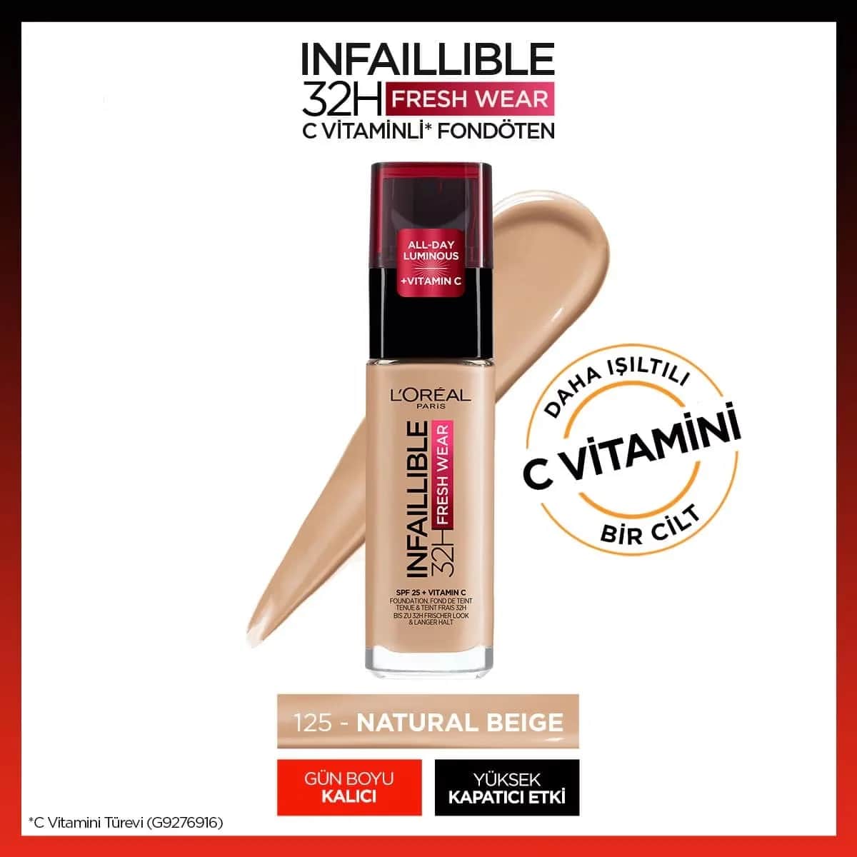 L'Oreal Paris كريم أساس إنفيليبل من لوريال باريس يدوم 32 ساعة، فريش وير بفيتامين سي، 125 روز طبيعي