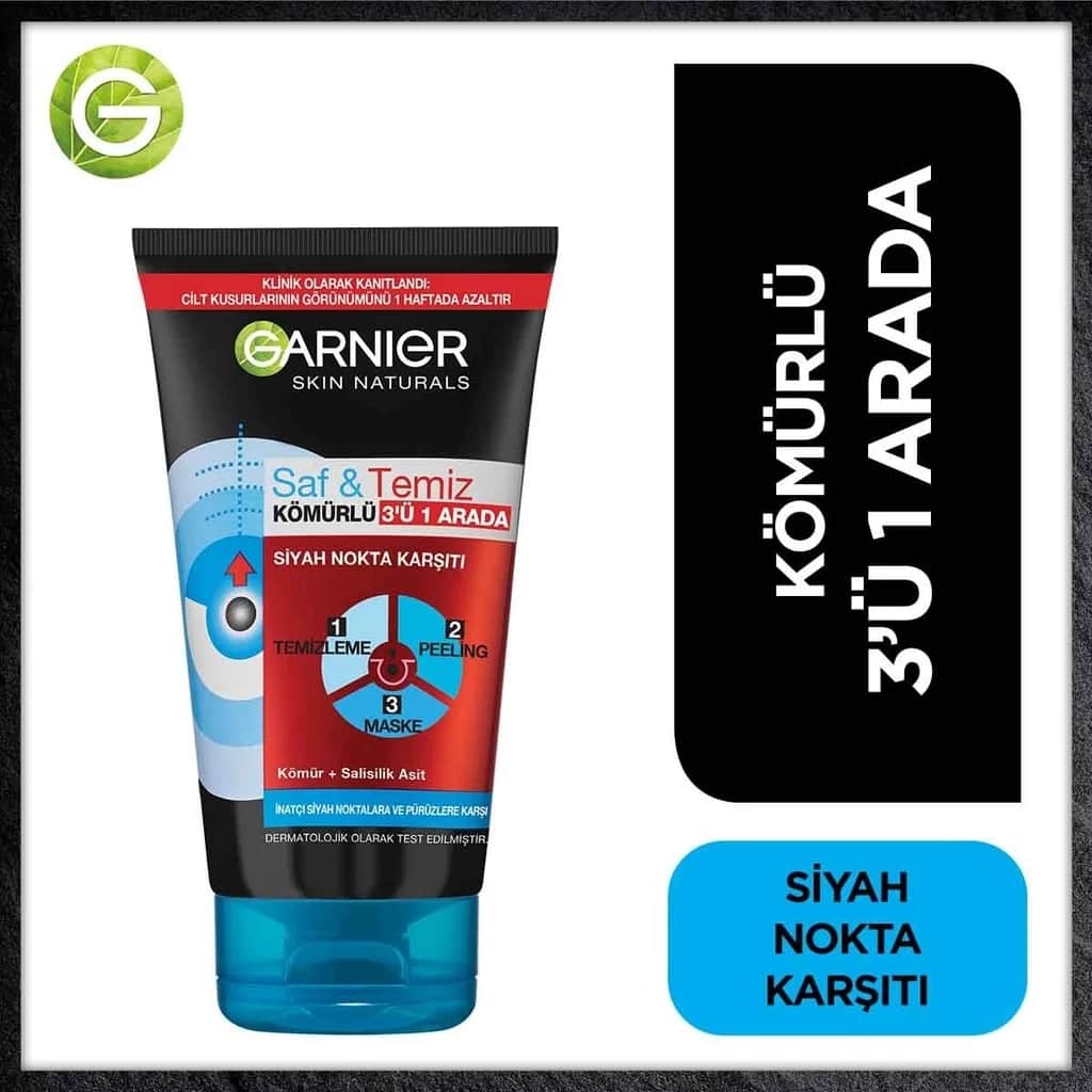 Garnier غارنييه بيور آند كلين مضاد للرؤوس السوداء بالفحم 3 في 1 150 مل