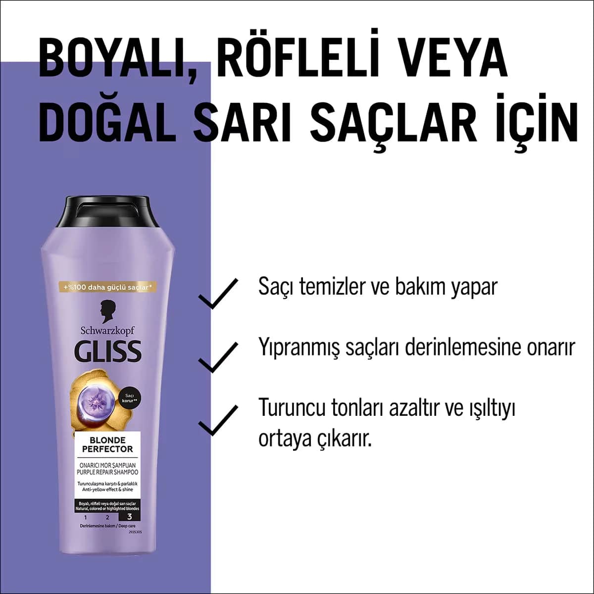 Gliss شامبو جليس بلوند بيرفيكتور لإصلاح الشعر المتضرر بمضادات الأكسدة مع الببتيد ومستخلص التوت الأزرق 250 مل