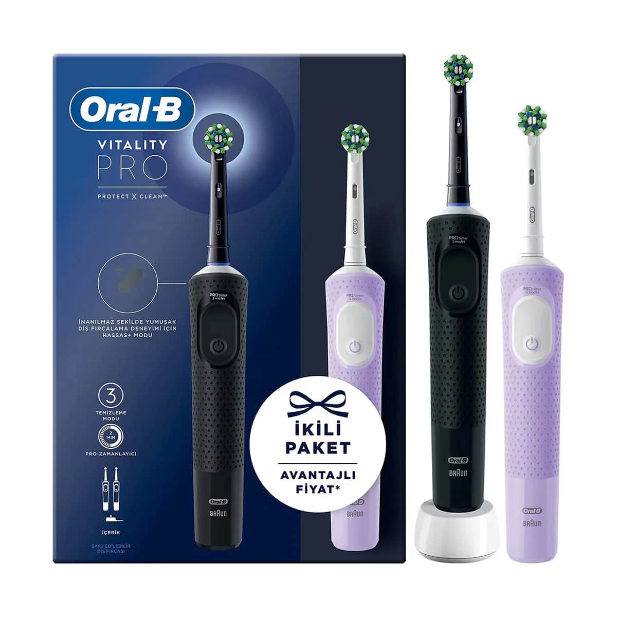 Oral-B فرشاة أسنان أورال-بي فيتاليتي برو الكهربائية/القابلة لإعادة الشحن، عبوة من قطعتين باللونين الأسود والأرجواني