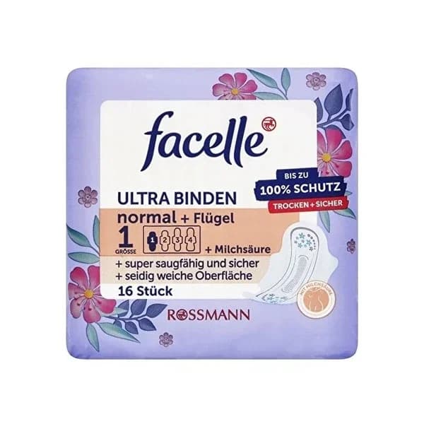 Facelle وسادة فيسيل ألترا المجنحة العادية بحمض اللاكتيك، عبوة من 16 قطعة