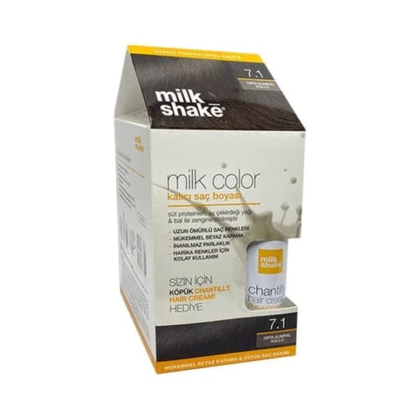 Milk Shake صبغة شعر دائمة بلون الحليب ميلك شيك 7.1 أشقر رمادي متوسط - هدية رغوية
