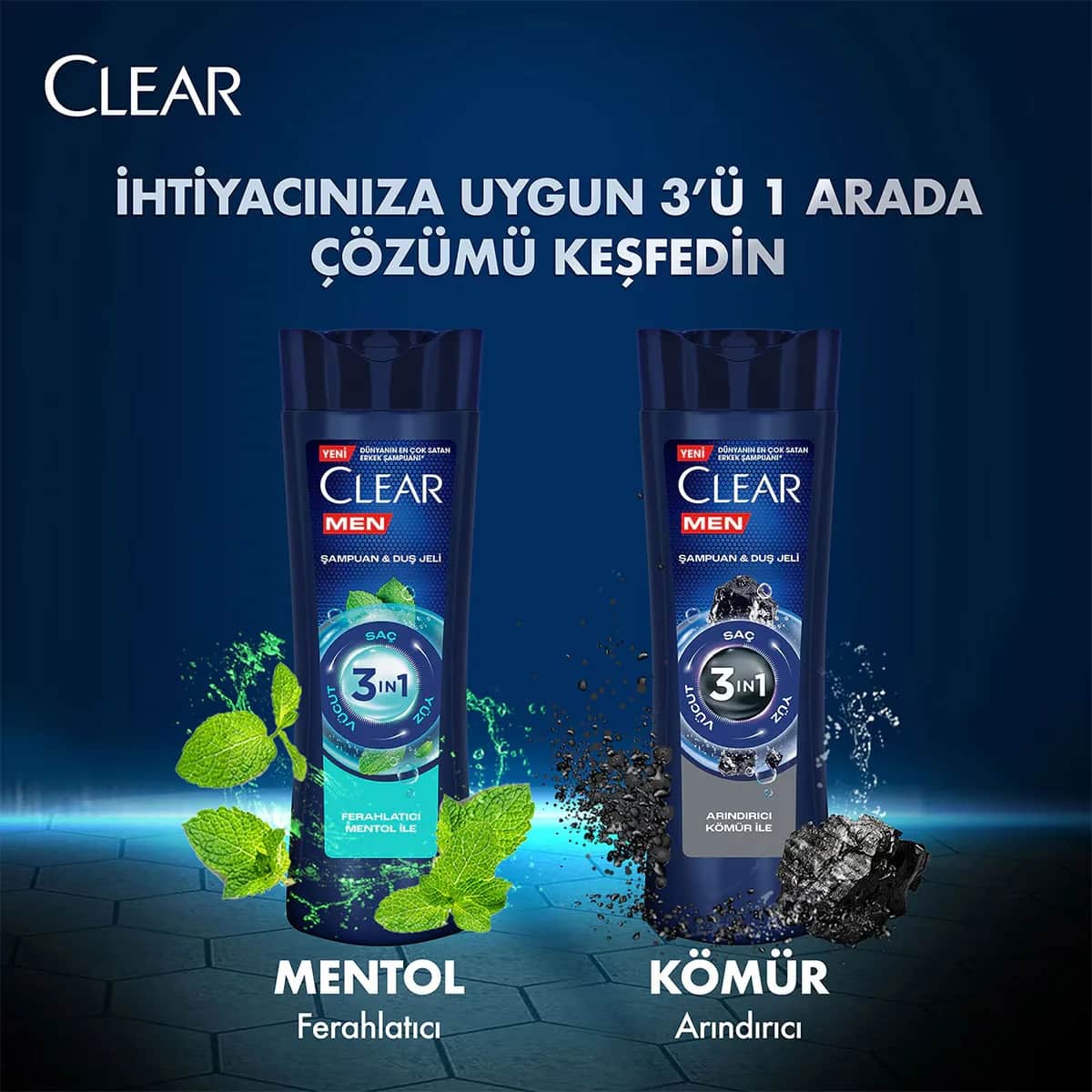 Clear شامبو وجل استحمام 3 في 1 من كلير مين، بخلاصة الفحم المنقي للشعر والوجه والجسم، 350 مل
