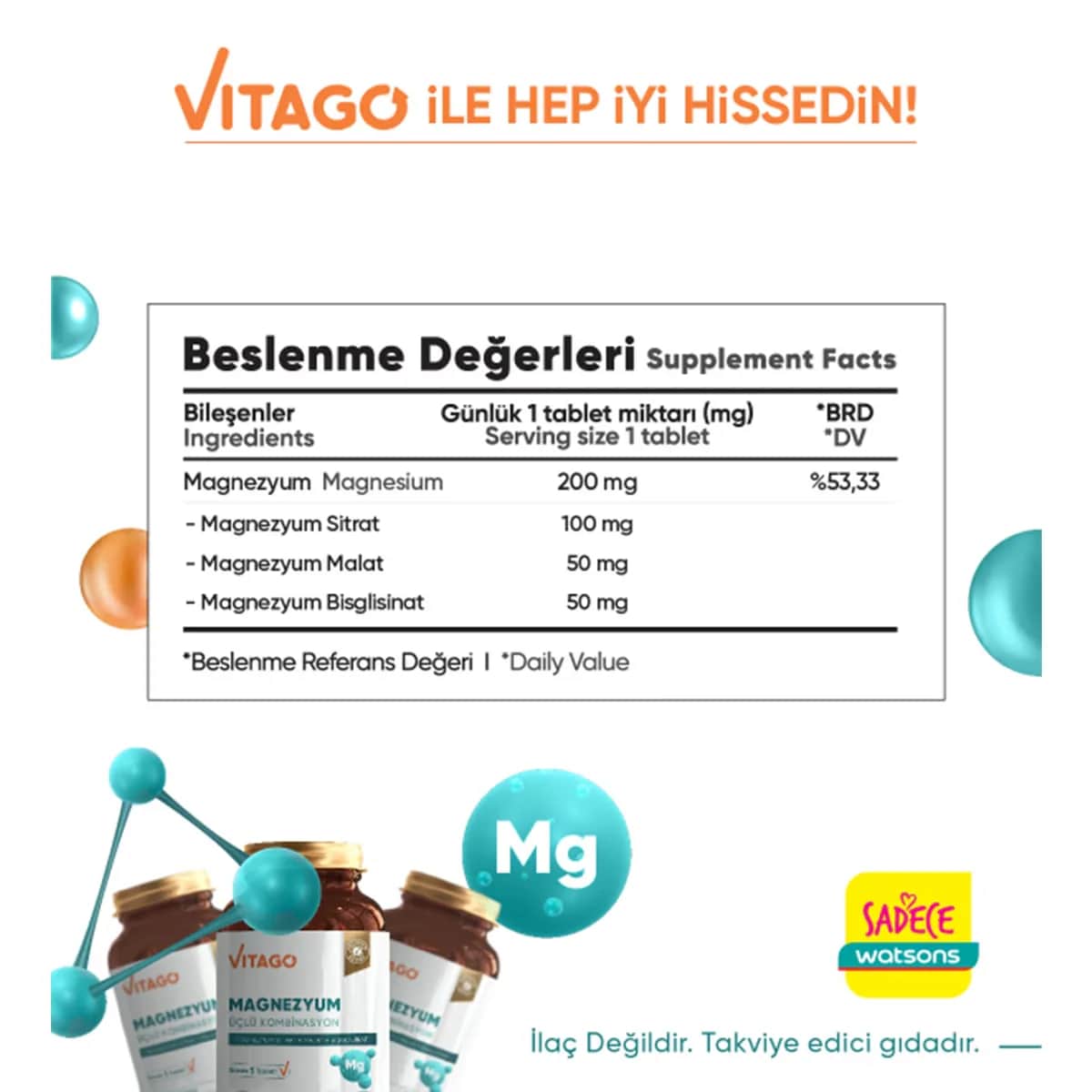 Vitago أقراص فيتاجو ماغنيسيوم ثلاثية التأثير، 30 قرصًا