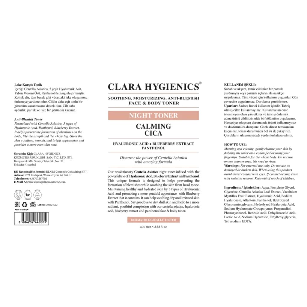 تونر ليلي مهدئ مضاد للبقع للوجه والجسم 400 مل من كلارا هايجينكس Clara Hygienics