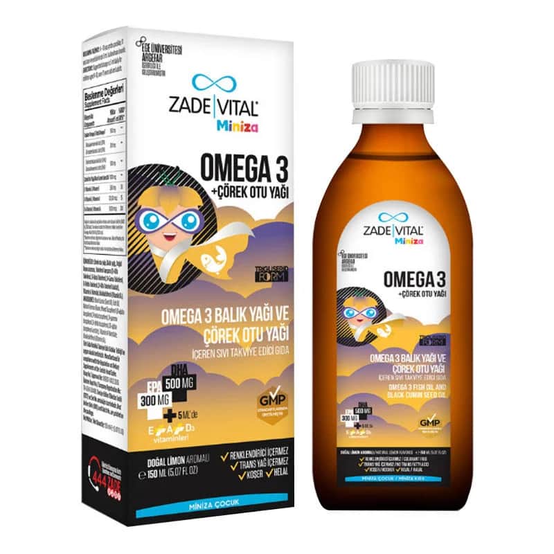 Zade Vital زاد فيتال مينيزا أوميجا 3-زيت حبة البركة السوداء يحتوي على غذاء مكمل سائل 150 مل