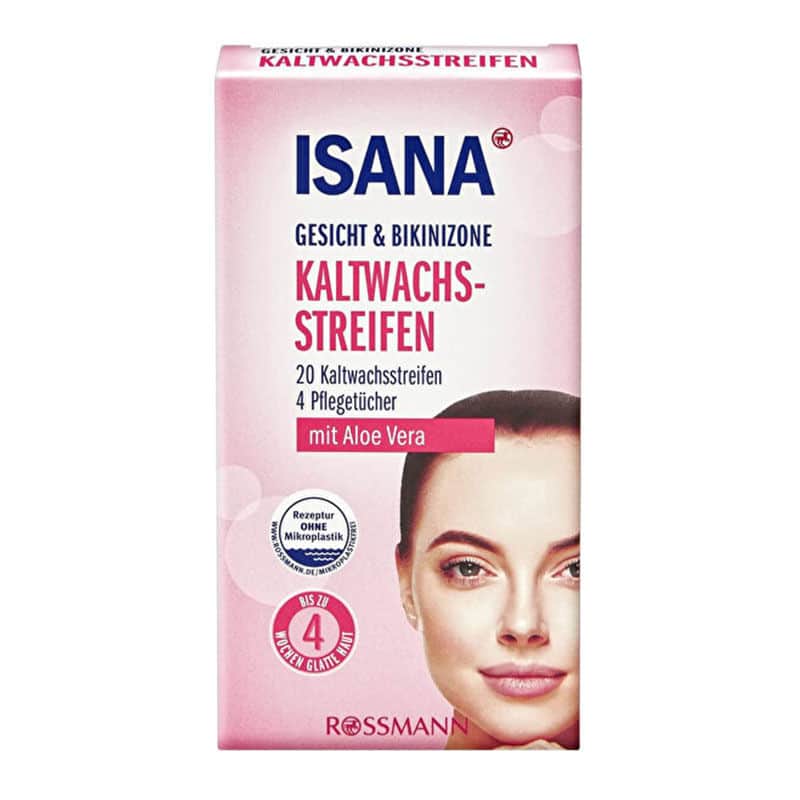 Isana 20 قطعة من شرائح الشمع البارد من إيزانا للوجه ومنطقة البكيني + 4 قطع مناديل تنظيف